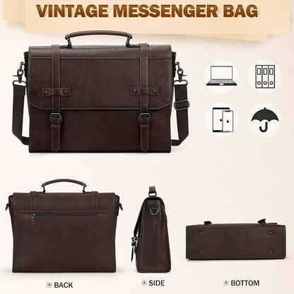 RAINSMORE Mens Messenger Bag 18 Inch Waterproof Vintage Leather Laptop Briefcase Large Laptop Bag Satchel Bag Computer Shoulder Bag for Office Business Travel College,Coffee