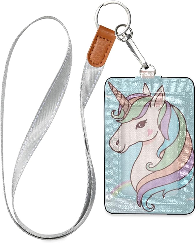 Badge Holder, Cartoon Unicorn PU Leather School College Business ID Badge Card Holder Wallet Case with 1 Clear Window, 2 Credit Card Slots and Detachable Neck Lanyard - Vertical
