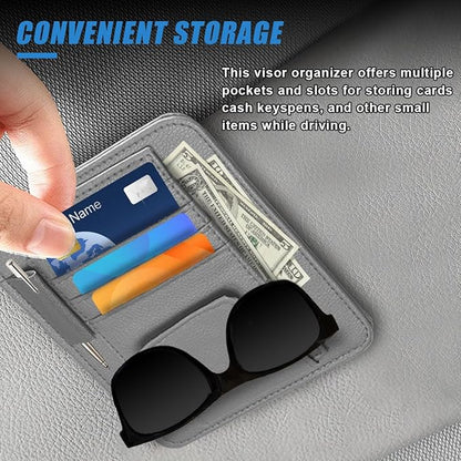 Small Leather Car Sun Visor Organizer - Multifunctional Car Interior Sunglass Holder Auto Visor Document Holder - Auto Card Sleeve Pocket Pouch Organizer for Driving License Registration Pen (Grey)