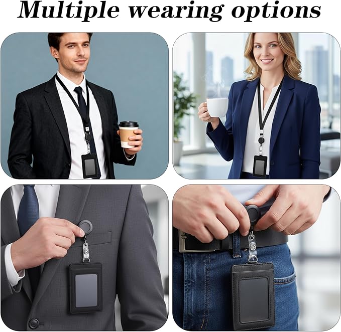 PU Leather Badge Holder with Lanyard ID Badge Holder with Retractable Reel Clips, Multiple Card Slots Retractable Badge Reel ID Card Holders Set for Badge Credit Cards