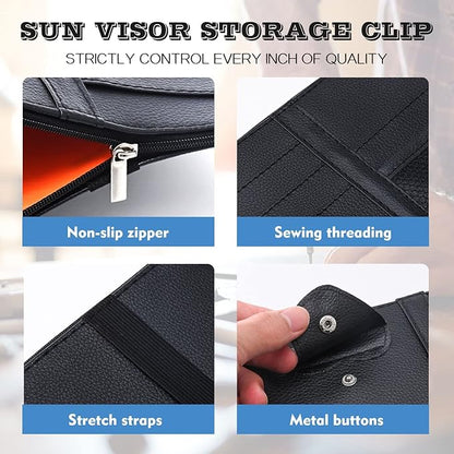 1 Piece Car Sun Visor Organizer, Leather Zipper Visor Storage Bag, 11.4In x 5.9In Multifunctional Pocket Business Card Holder, Universal for Men Women Car Interior Receiving (Black)
