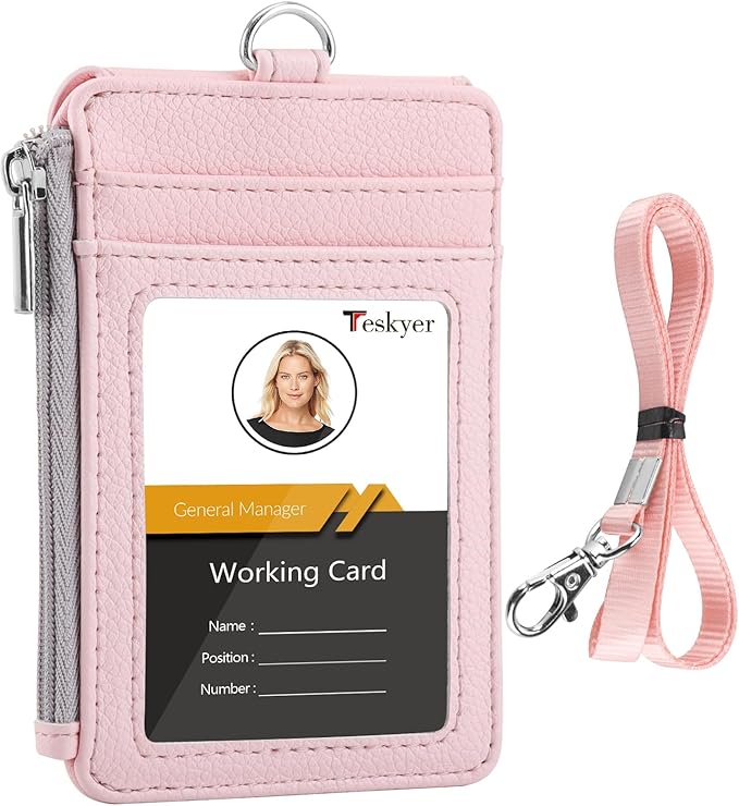 Teskyer Badge Holder with Side Zip Pocket, Multiple Card Slots Leather ID Holder Wallet with Neck Lanyard for Office Staffs, School, Workers, Cruise Cards, Metro Cards, Lichee Light Pink