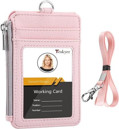 Teskyer Badge Holder with Side Zip Pocket, Multiple Card Slots Leather ID Holder Wallet with Neck Lanyard for Office Staffs, School, Workers, Cruise Cards, Metro Cards, Lichee Light Pink