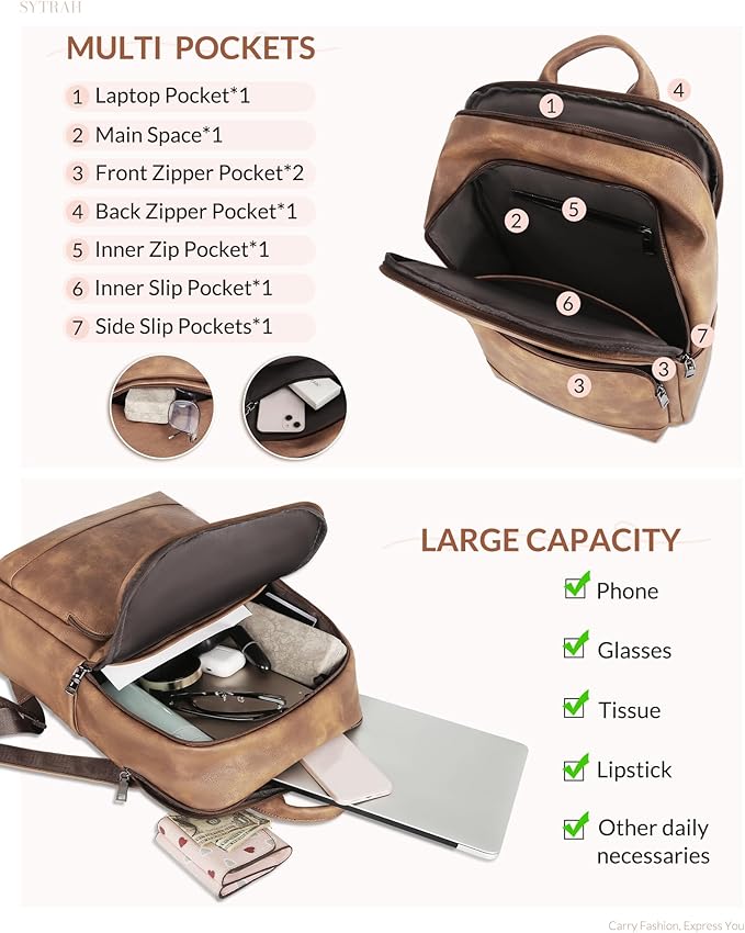 SYTRAH Leather Backpack for Women, Vintage 15.6 inch Laptop Backpack Purse for Women, College Casual Backpacks Ladies Computer Bags for Travel Business Work Camel