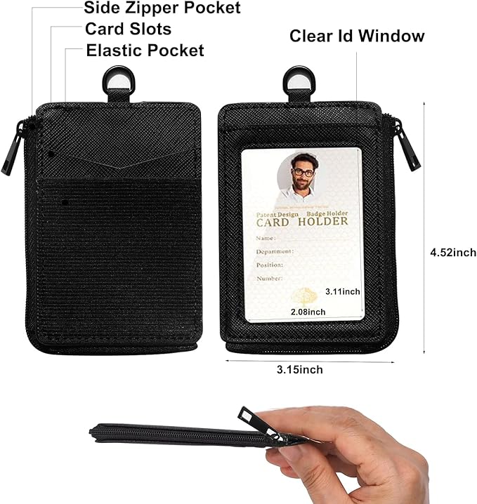 2-in-1 ID Badge Holder & Elastic Card Holder Wallet,Minimalist Men & Women Zip Card Holder Wallet with Neck Lanyard,3 Card Slots and 1 Side Zipper Pocket (Black-A)