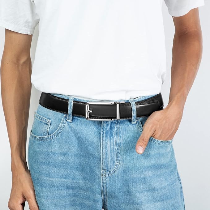 Founders & C Men's Leather Ratchet Comfort Click Belt Dress with Slide Buckle -Adjustable Trim to Fit