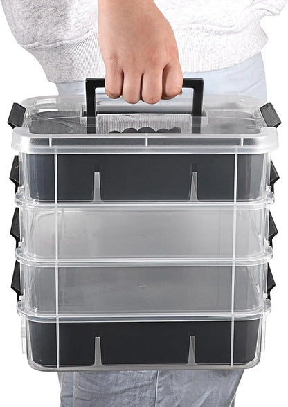 JUXYES 4-Tiers Stack Carry Storage Box With 2 Divided Tray, Transparent Stackable Storage Bin With Handle Lid Latching Storage Container for School & Office Supplies, Black