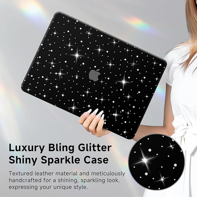 KEROM Diamond Case for MacBook Pro 13 inch 2024-2016 M2 M1 A2338 A2289 A2251 A2159 A1989 A1706 A1708, Luxury Bedazzled Bling Shiny Sparkle Glitter PU Leather Hard Shell Case & Keyboard Cover, Black