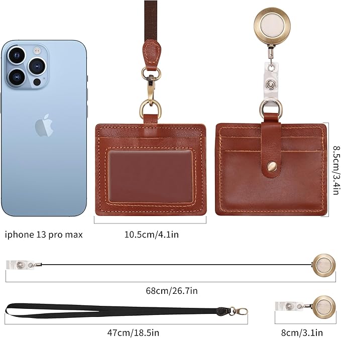 Wonderpool Leather Horizontal Badge Holder with Detachable Neck Lanyard and Retractable Badge Reel Clip, Card Slots Case ID Card Holder for ID Badges Card and Driver Licence (Red Brown)