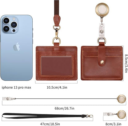 Wonderpool Leather Horizontal Badge Holder with Detachable Neck Lanyard and Retractable Badge Reel Clip, Card Slots Case ID Card Holder for ID Badges Card and Driver Licence (Red Brown)