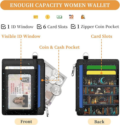 Hancynir Goth Book Skull Cat Slim Wallet Women Credit Card Holder, Gothic Funny Small RFID Blocking Front Pocket Wallet Wristlet Keychain Lanyard, Cute Mini Card Case Thin Zipper Coin PU Leather Gifts