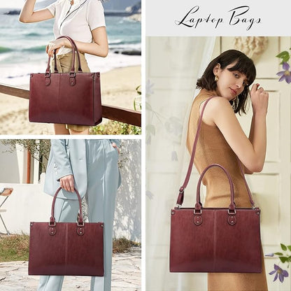 LOVEVOOK Laptop Tote Bag for Women, 15.6 Inch Large Capacity Vintage Leather Work Computer Bag, Business Casual Shoulder Handbag, Wine Red
