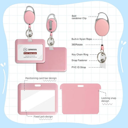 ID Badge Holder with Clip Badge Reels Retractable Heavy Duty Id Card with Carabiner Badge Reel with 24 inches Pull Cord for Office, School, Factory, Teacher (Black, Horizontal)