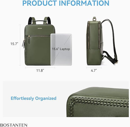 BOSTANTEN Leather Backpack 15.6 inch Laptop Bag Travel Casual Computer Backpack College Business Work Shoulder Bags with Trolley Sleeve for Women Men Olive Green