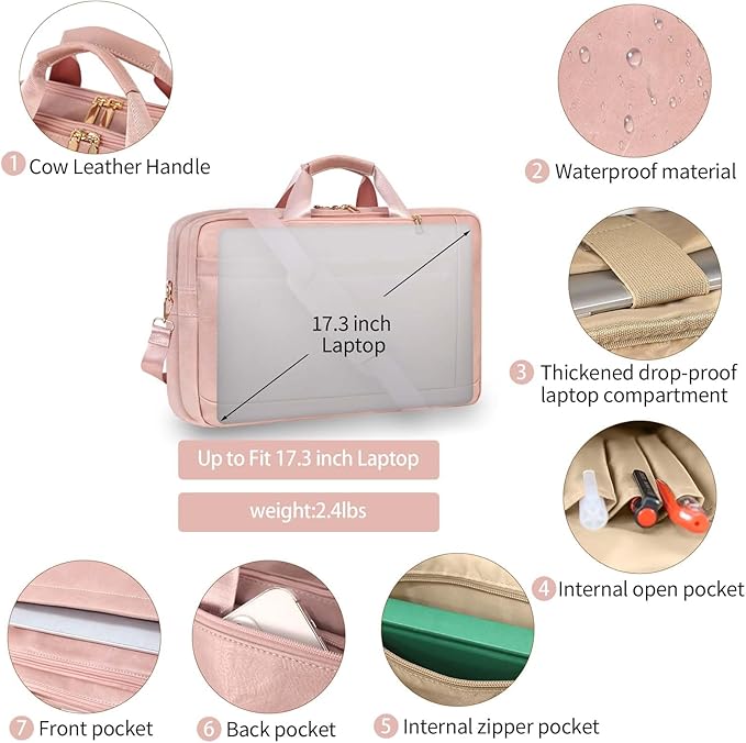 Stuery Faux Leather Messenger Bag for Men 17-17.3 Inch: Laptop Bag Briefcase Computer Handbags Shoulder Crossbody Bag with Padded Laptop Sleeve for Work College Travel, PU Pink