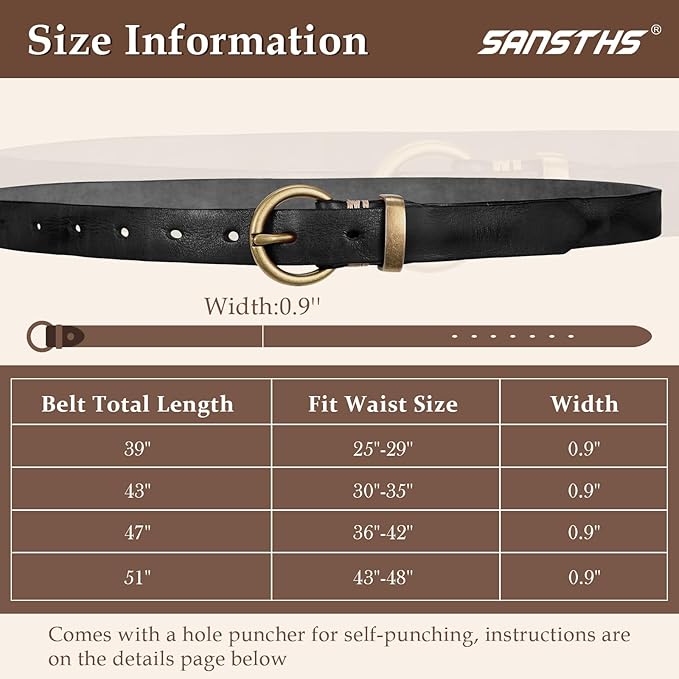 SANSTHS Womens Genuine Leather Belts for Jeans Pants Trendy Vintage Thin Leather Belt Gold Buckle Ladies Skinny Waist Belt