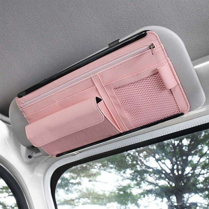 Car Sun Visor Multi-Pocket Net Zipper Organizer Auto Interior Accessories Pocket Organizer Storage Pouch Holder for Card License Pen Glasses (Pink)