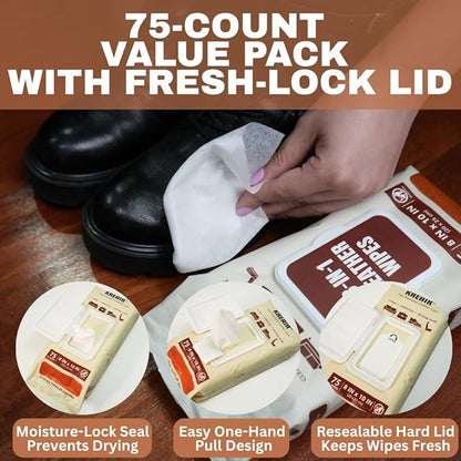 3in1 Leather Wipes 225 XL Count, Clean, Condition & Restore Shine, Extra-Large 8"x10" Wipes for Car Seats, Shoes, Furniture & Bags, Thick, Durable & Non-Linting, Safe for All Leather Types