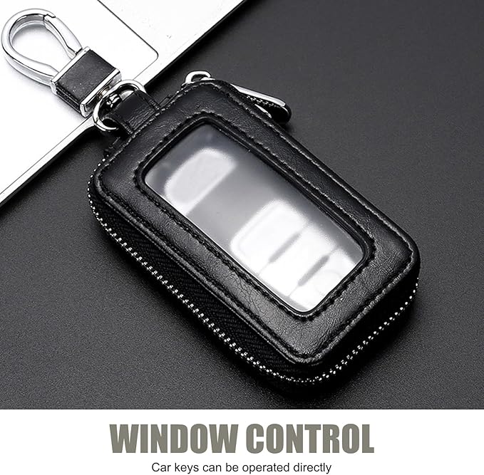 Leather Car Key Fob Case, 2.2" x 3.5" Car Key Fob Protective Cover with Zipper and Metal Hook, Double Layer Smart Remote Key Fob Case Holder, Universal Keychain Bag for Most Cars (Black)