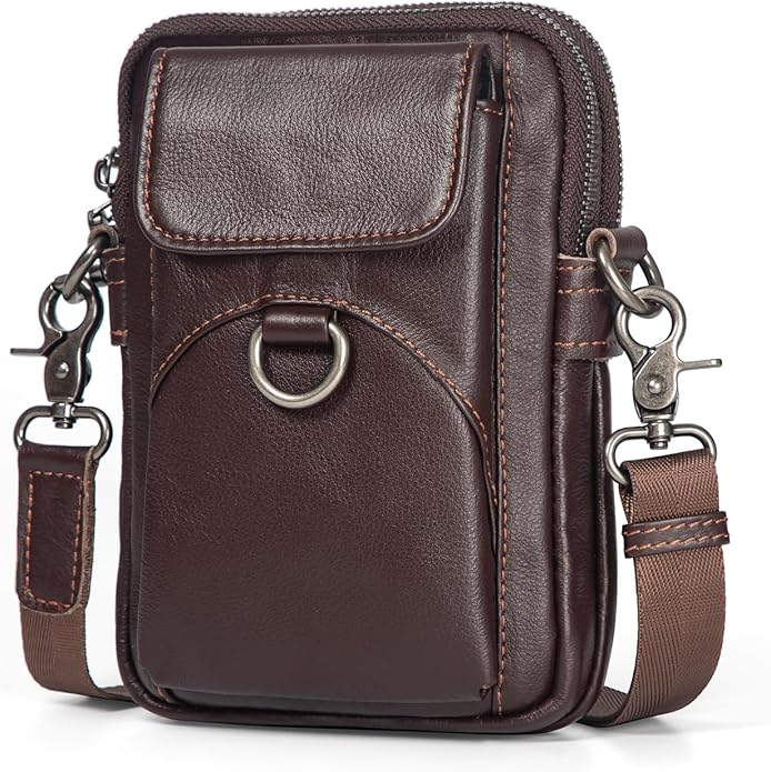 Augus Genuine Leather Small Crossbody Bag Cell Phone Messenger Purse Shoulder Waist Bag for Daily Use for Women and Men