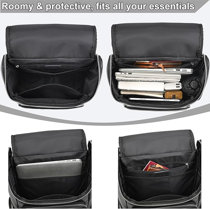 Genuine Leather Black Backpack - 15.6 Inch Business Laptop Backpack for Men & Women, Multi-Compartment Ergonomic Shoulder Bag for Office, Travel