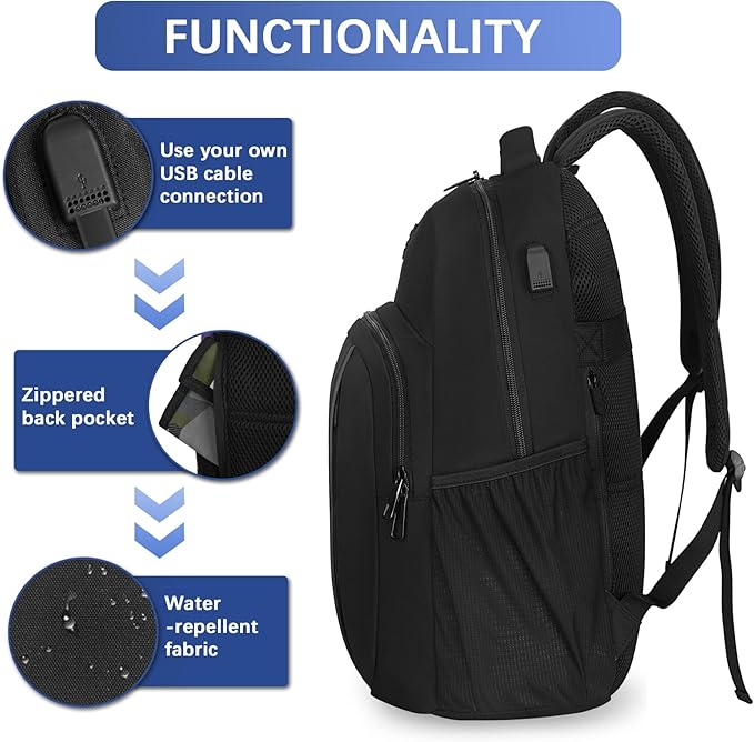 LARIPOP Carry On Backpack for Airplane, 17.3 Inch Laptop Backpack with USB Charging Port, Water Resistant Business Travel Backpack, Lightweight College School Bookbag Anti Theft for Men Women, Black