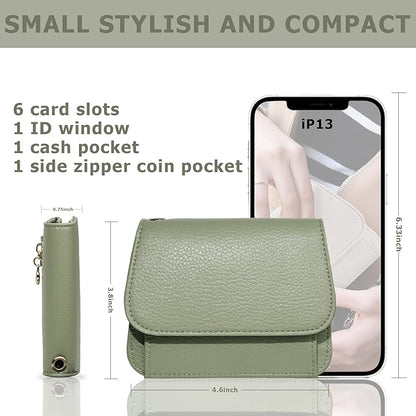 Women Small Wallet RFID Blocking Slim Wallet with Coin Pocket Tri-Fold Credit Card Holder with ID Window and Keychain(Light Green)