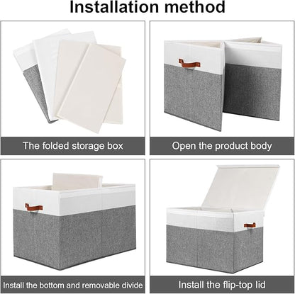 Gowee Large Toy Storage Box with Lid, Sturdy Toys Storage Chest Bin Organizer Basket with Dividers for Kids, Boys, Girls, Nursery, Closet, Bedroom, Playroom 26"x17" x17" (Grey and White)