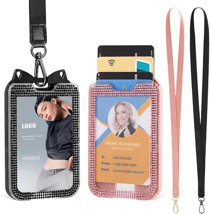 2 Pack Lanyards for id Badges Bling ID Badge Holder with Lanyard for Office, School, Cruise Cards,Travel (Pink and Black)