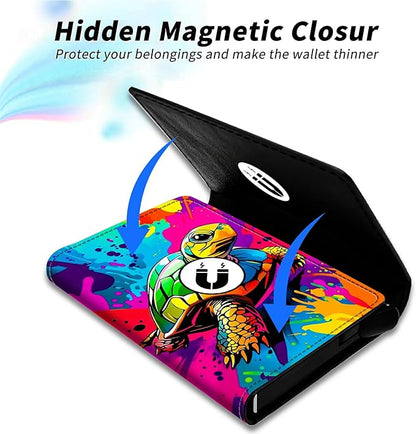 Minimalist Wallet for Men's Card Holders, Pop-Up Card Case Durable Wallets for Women, Leather Automatic Credit Card Holder with Metal Money Clip RFID Blocking Bifold Pocket, Art Sea Turtle