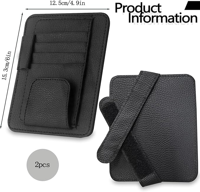 2Pcs Car Sun Visor Organizer, Slim Leather Sunglass Holder for Car, Auto Document Holder for Card, Sunglasses, Insurance, Registration, Pen, Receipt (Black)