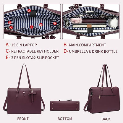 Keyli 4pc Sets Laptop Bag for Women Large Leather Laptop Briefcase with USB Charging Port Computer Shoulder tote Bags Purse
