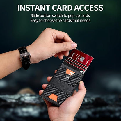 SEMORID Slim Wallet for Men, Minimalist RFID Blocking Mens Wallet with Pop Up Case, Thin Metal Credit Card Holder with Cash Strap & Expandable Backplate - Holds 12 Cards