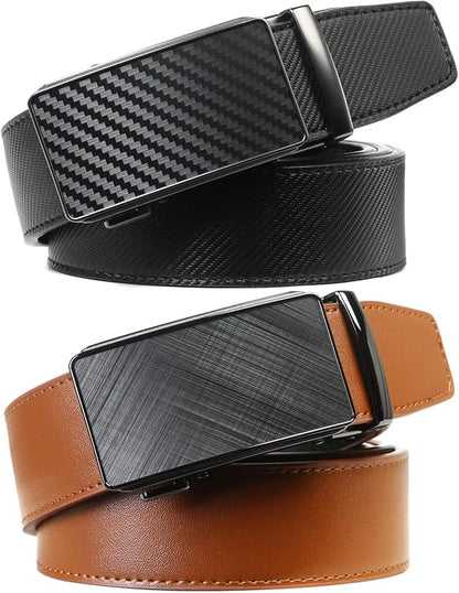 2 Pack Ratchet Belt 1 3/8", Mens leather Dress Belt in Gift Set Size 28"-62" Adjustable waist Trim to Fit