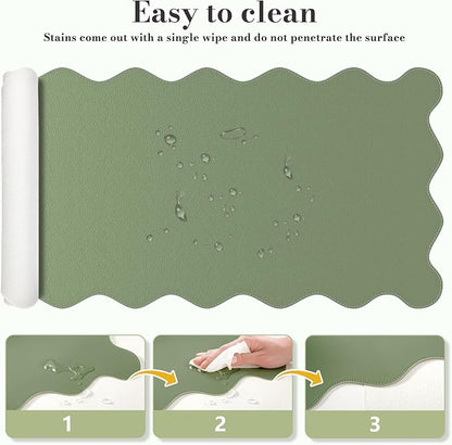 iCasso Leather Mouse Pad,Extra Large Desk Pad with Stitched Edges,Cute Scalloped Computer Mat for Desktop,Non-Slip Nail Mats Green,Waterproof Desk Protector for Office Home School