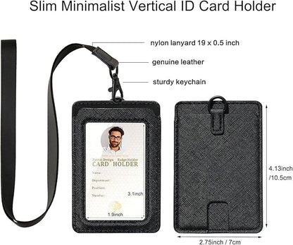 Badge Holder with Lanyard,Leather ID Card Holder,Vertical Lanyard ID Card Holder for Work Office (Black-Slim)