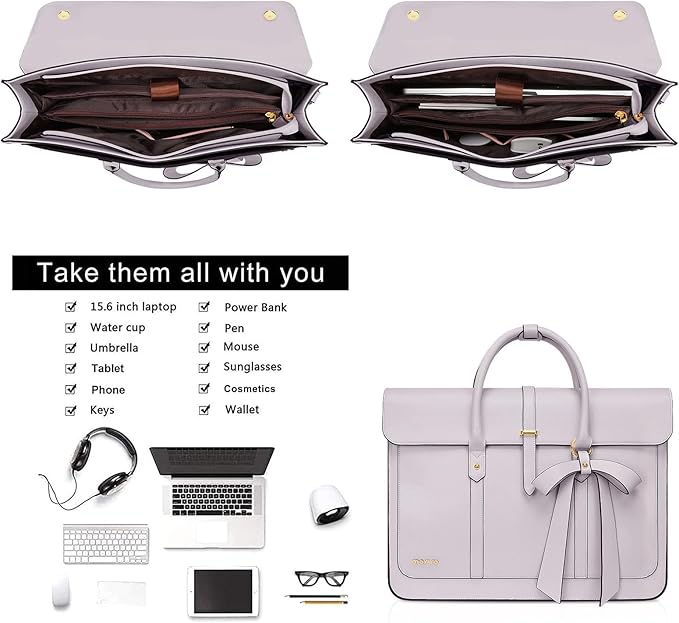 MOSISO Laptop Bag for Women, 15-15.6 inch PU Leather Laptop Shoulder Bags Convertible Backpack, 16 inch Messenger Bags Casual Handbag Work Briefcase Travel Computer Bag with Bowknot, Dusty Lilac