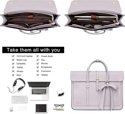 MOSISO Laptop Bag for Women, 15-15.6 inch PU Leather Laptop Shoulder Bags Convertible Backpack, 16 inch Messenger Bags Casual Handbag Work Briefcase Travel Computer Bag with Bowknot, Dusty Lilac