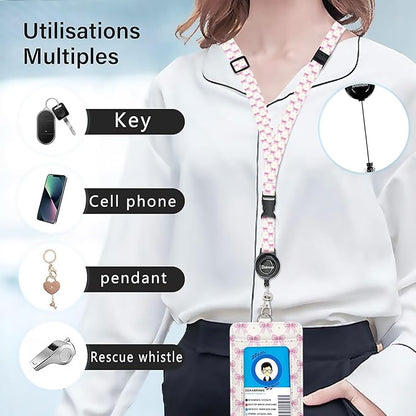 bolimoss Pink Bow Badge Holders, Cute PU Leather ID Card Name Bdge Holder with Detachable Neck Lanyard Strap and Retractable Badge Reel Metal Clip Sturdy Buckle for Key Wallet
