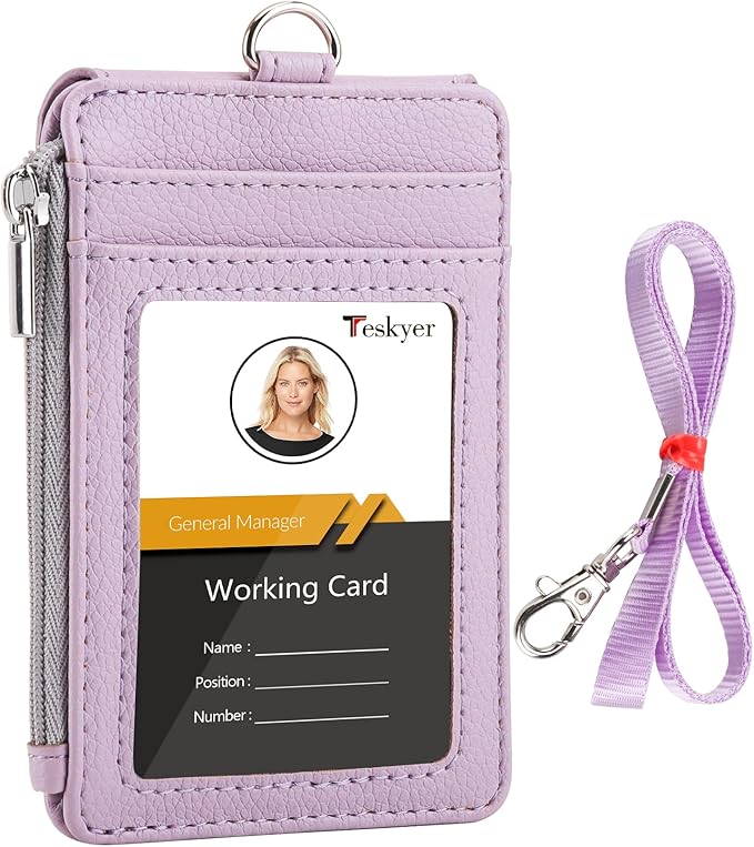 Teskyer Badge Holder with Side Zip Pocket, Multiple Card Slots Leather ID Holder Wallet with Neck Lanyard for Office Staffs, Teachers/Students, Workers, Cruise Cards, Bus/Metro Cards, Lichee Lilac