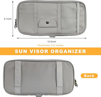 Car Sun Visor Organizer, Multi-Pocket Leather Auto Storage Pouch with Glasses Clip & Zippers, Multifunctional Sun Visor Storage Bag Ticket Organizer for Cars Trucks SUVs (Gray)