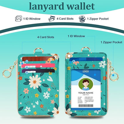 Lanyard Wallet, PU Leather Flower Lanyards for ID Badges, RFID Blocking, Detachable Phone Lanyard Keychain Wristlet Wallet, ID Badge Holder with Zipper Pocket for Office School Business