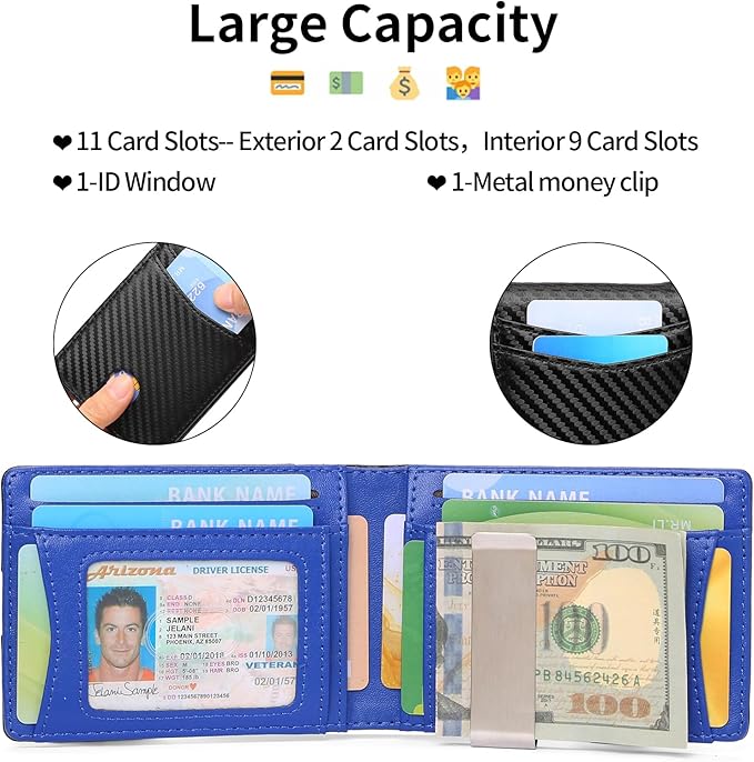 Slim Wallet for Men Bifold RFID Blocking Front Pockets Wallet Credit Card Holder Minimalist Leather Money Clip Mens Wallet with 12 card Slots