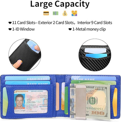 Slim Wallet for Men Bifold RFID Blocking Front Pockets Wallet Credit Card Holder Minimalist Leather Money Clip Mens Wallet with 12 card Slots