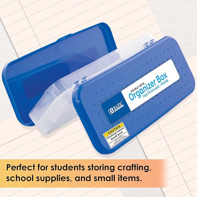 BAZIC PRODUCTS Plastic Pencil Case, Double Deck Utility Storage Box, Multi Purpose Organizer & Supply Holder, Transparent Box Design, Assorted Color, Ideal for School, Office & Craft Use, 4-Pack