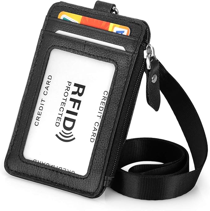 Badge Holder with Zipper Genuine Leather RFID Keychain Wallet Neck Lanyards with Swivel Hook for Card/Coin/Cash, Black