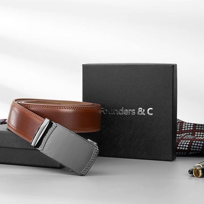 Founders & C Men's Ratchet Belt 1 3/8",Leather Dress Belt Adjustable with Click Sliding Buckle Trim to Exact Fit