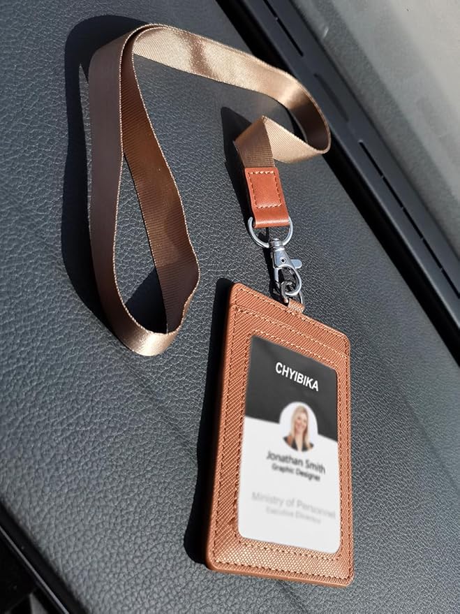 Badge Holder with Lanyard,Leather ID Card Holder,Vertical Lanyard ID Card Holder for Work Office (Brown)