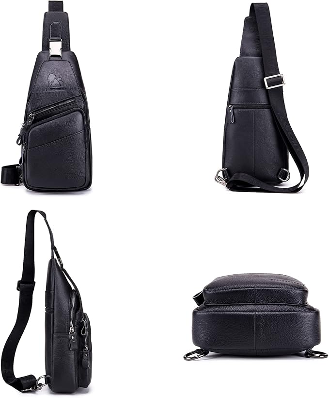 Pundarika Leather Sling Bag for Men - Crossbody Shoulder & Chest Bag; Multifunctional Travel & Hiking Backpack - Black