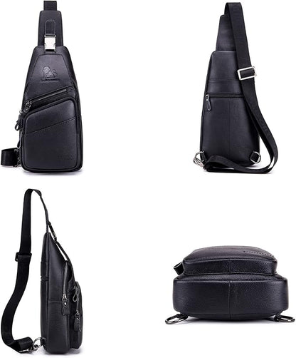 Pundarika Leather Sling Bag for Men - Crossbody Shoulder & Chest Bag; Multifunctional Travel & Hiking Backpack - Black